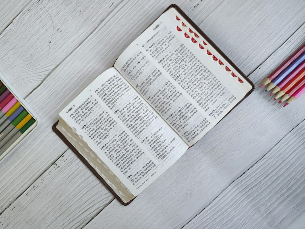 Open book and notebook on a table with a pencil